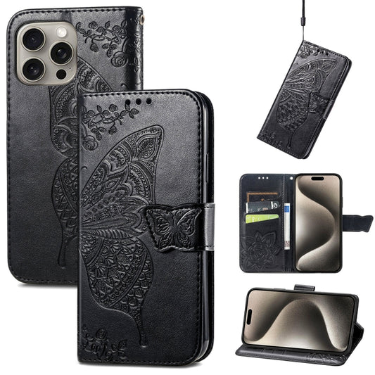 For iPhone 16 Pro Butterfly Love Flower Embossed Leather Phone Case(Black) - iPhone 16 Pro Cases by buy2fix | Online Shopping UK | buy2fix