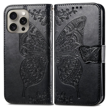 For iPhone 16 Pro Butterfly Love Flower Embossed Leather Phone Case(Black) - iPhone 16 Pro Cases by buy2fix | Online Shopping UK | buy2fix