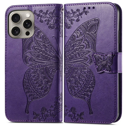 For iPhone 16 Pro Butterfly Love Flower Embossed Leather Phone Case(Purple) - iPhone 16 Pro Cases by buy2fix | Online Shopping UK | buy2fix