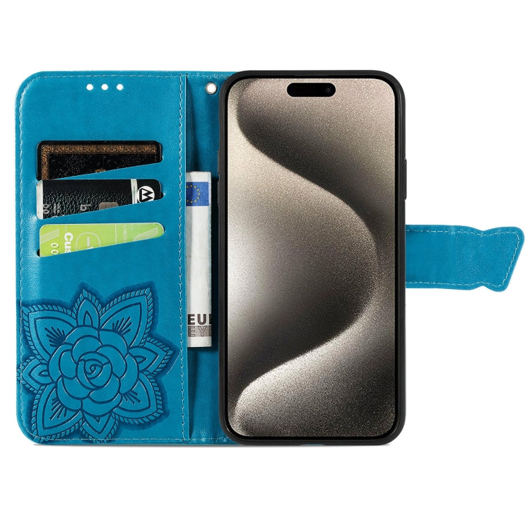 For iPhone 16 Plus Butterfly Love Flower Embossed Leather Phone Case(Blue) - iPhone 16 Plus Cases by buy2fix | Online Shopping UK | buy2fix