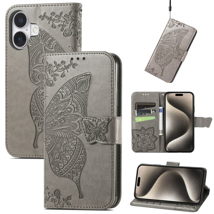 For iPhone 16 Plus Butterfly Love Flower Embossed Leather Phone Case(Gray) - iPhone 16 Plus Cases by buy2fix | Online Shopping UK | buy2fix