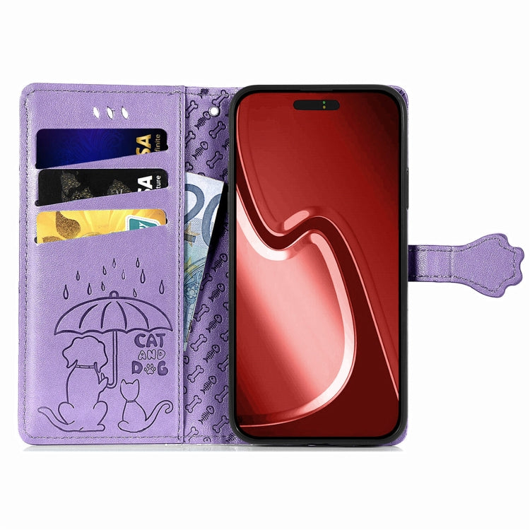 For iPhone 16 Cat and Dog Embossed Leather Phone Case(Purple) - iPhone 16 Cases by buy2fix | Online Shopping UK | buy2fix