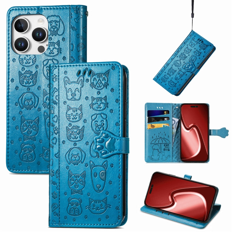 For iPhone 16 Pro Cat and Dog Embossed Leather Phone Case(Blue) - iPhone 16 Pro Cases by buy2fix | Online Shopping UK | buy2fix