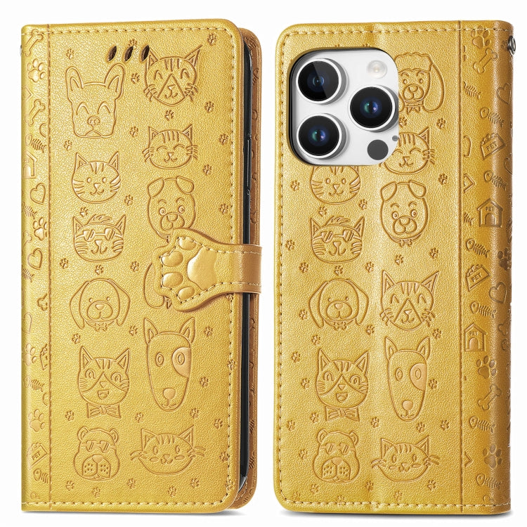 For iPhone 16 Pro Cat and Dog Embossed Leather Phone Case(Yellow) - iPhone 16 Pro Cases by buy2fix | Online Shopping UK | buy2fix