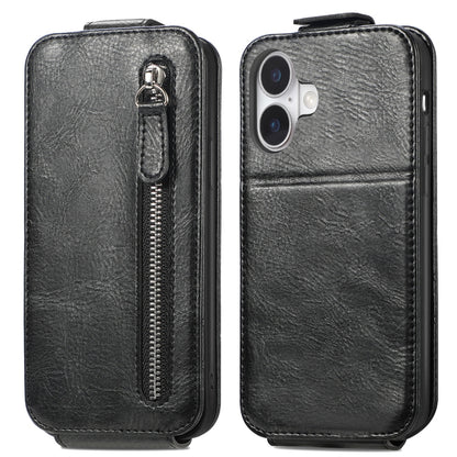 For iPhone 16 Zipper Wallet Vertical Flip Leather Phone Case(Black) - iPhone 16 Cases by buy2fix | Online Shopping UK | buy2fix