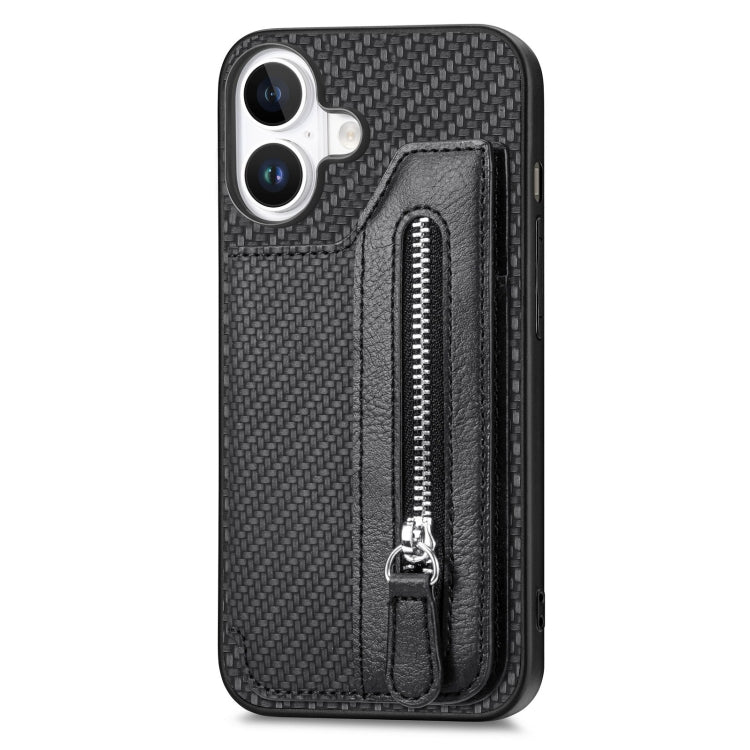 For iPhone 16 Plus Carbon Fiber Horizontal Flip Zipper Wallet Phone Case(Black) - iPhone 16 Plus Cases by buy2fix | Online Shopping UK | buy2fix