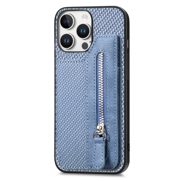 For iPhone 16 Pro Carbon Fiber Horizontal Flip Zipper Wallet Phone Case(Blue) - iPhone 16 Pro Cases by buy2fix | Online Shopping UK | buy2fix