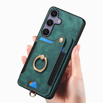 For Samsung Galaxy S25 5G Retro Skin-feel Ring Multi-card Wallet Phone Case(Green) - Galaxy S25 5G Cases by buy2fix | Online Shopping UK | buy2fix