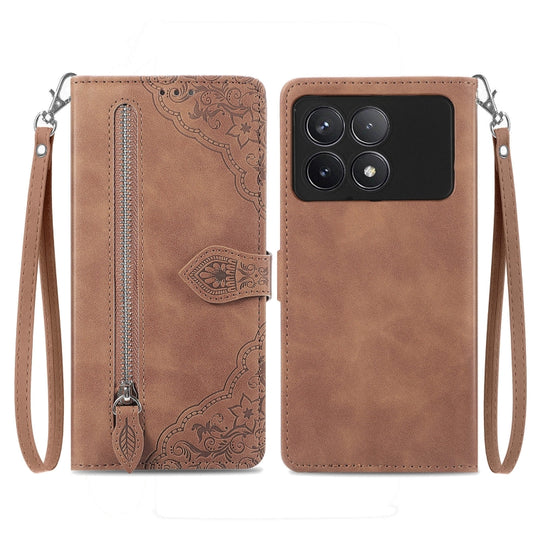 For Xiaomi Redmi K70 Embossed Flower Zipper Leather Phone Case(Brown) - K70 Cases by buy2fix | Online Shopping UK | buy2fix