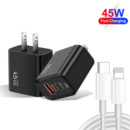 45PQ 45W PD25W + QC3.0 20W USB Super Fast Charger with Type-C to 8 Pin Cable, US Plug(Black) - USB Charger by buy2fix | Online Shopping UK | buy2fix