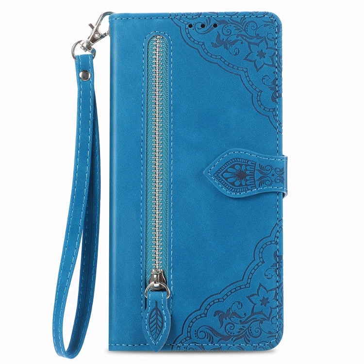 For Motorola Edge 2024 Embossed Flower Zipper Leather Phone Case(Blue) - Motorola Cases by buy2fix | Online Shopping UK | buy2fix