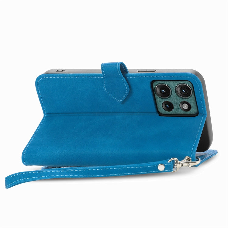 For Motorola Edge 2024 Embossed Flower Zipper Leather Phone Case(Blue) - Motorola Cases by buy2fix | Online Shopping UK | buy2fix