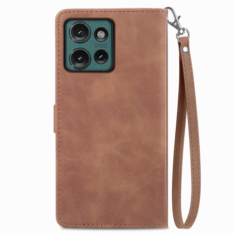 For Motorola Edge 2024 Embossed Flower Zipper Leather Phone Case(Brown) - Motorola Cases by buy2fix | Online Shopping UK | buy2fix