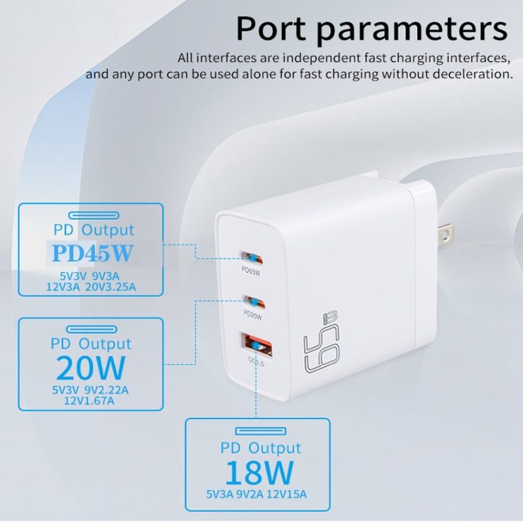 GAN 65W PD45W Dual Type-C / QC3.0 USB  Multi Compatible Charger + 2m USB-C to USB-C Data Cable EU + UK + AU + US Plug White - Cable & Adapter by buy2fix | Online Shopping UK | buy2fix