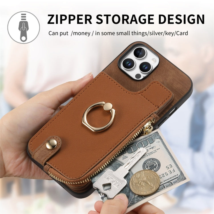 For iPhone 16 Cross Leather Ring Vertical Zipper Wallet Back Phone Case(Brown) - iPhone 16 Cases by buy2fix | Online Shopping UK | buy2fix