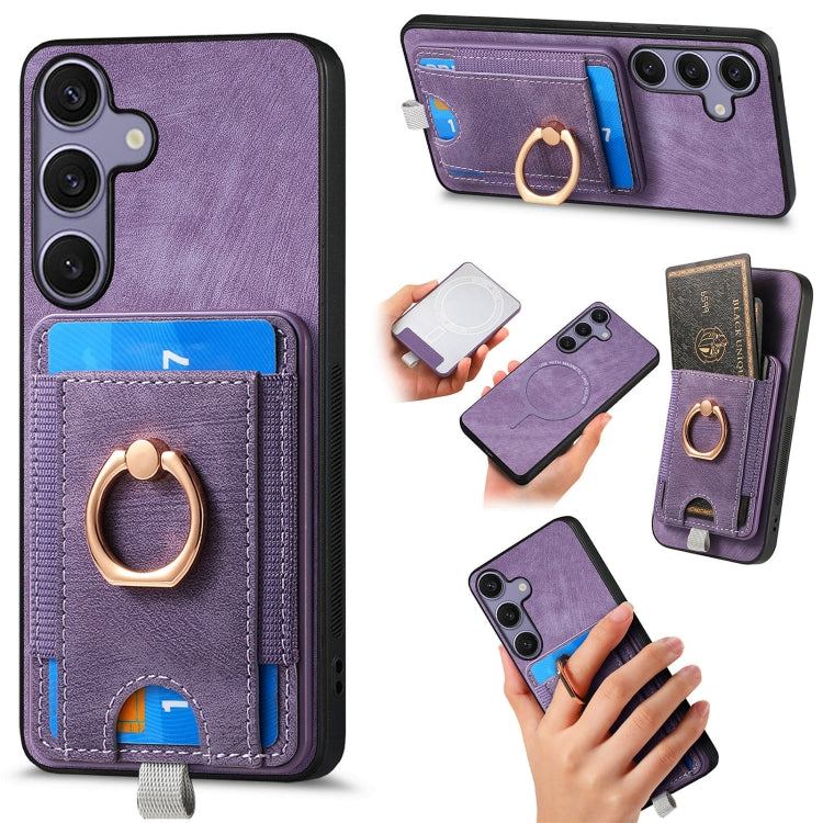 For Samsung Galaxy S25+ 5G Retro Splitable Magnetic Card Bag Leather Phone Case(Purple) - Galaxy Phone Cases by buy2fix | Online Shopping UK | buy2fix