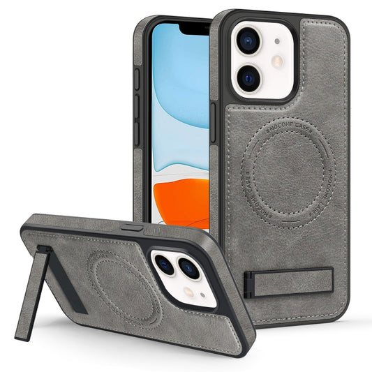 For iPhone  11 Multi-function Holder MagSafe PU Phone Case(Gray) - iPhone 11 Cases by buy2fix | Online Shopping UK | buy2fix