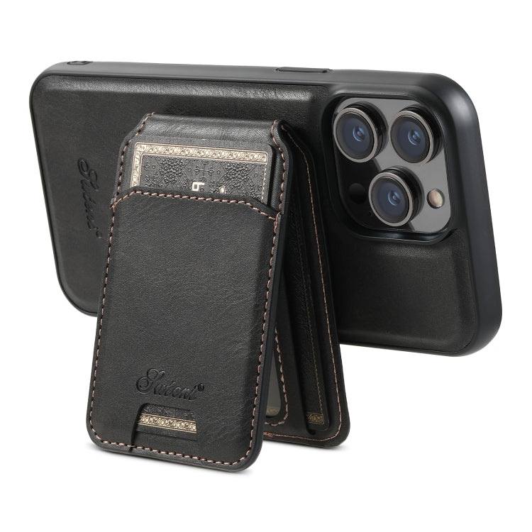 For iPhone 12  Suteni H15 MagSafe Oil Eax Leather Detachable Wallet Back Phone Case(Black) - iPhone 12 / 12 Pro Cases by Suteni | Online Shopping UK | buy2fix