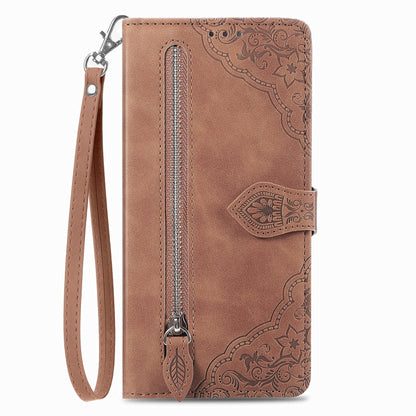 For Blackview A200 Pro Embossed Flower Zipper Leather Phone Case(Brown) - More Brand by buy2fix | Online Shopping UK | buy2fix