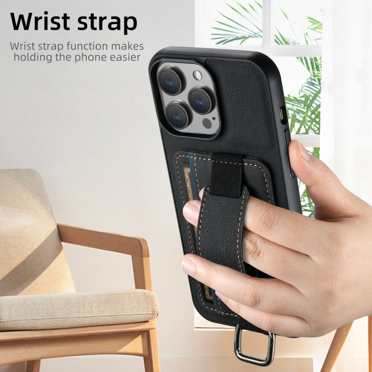 For iPhone 16 Pro Suteni H13 Litchi Leather Wrist Strap Wallet Back Phone Case(Black) - iPhone 16 Pro Cases by Suteni | Online Shopping UK | buy2fix