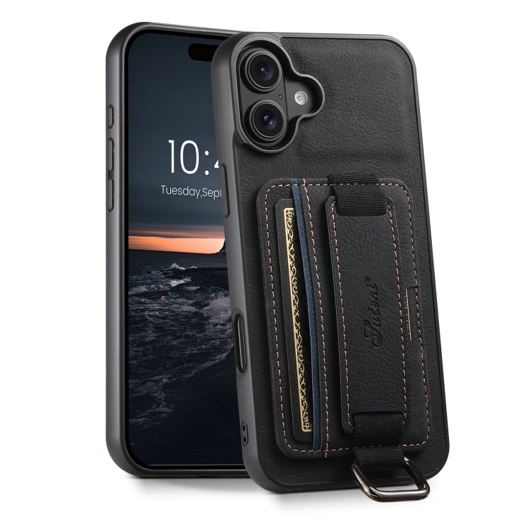 For iPhone 16 Suteni H13 Litchi Leather Wrist Strap Wallet Back Phone Case(Black) - iPhone 16 Cases by Suteni | Online Shopping UK | buy2fix