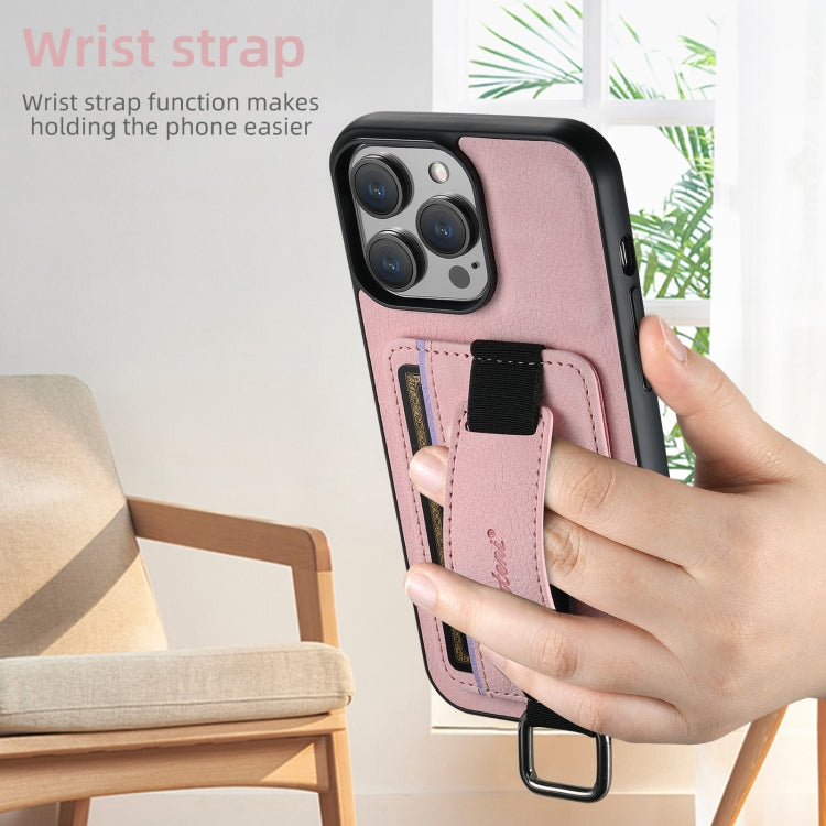 For iPhone 16 Suteni H13 Litchi Leather Wrist Strap Wallet Back Phone Case(Pink) - iPhone 16 Cases by Suteni | Online Shopping UK | buy2fix