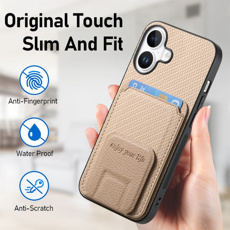 For iPhone 16 Carbon Fiber Card Bag Fold Stand Phone Case(Khaki) - iPhone 16 Cases by buy2fix | Online Shopping UK | buy2fix