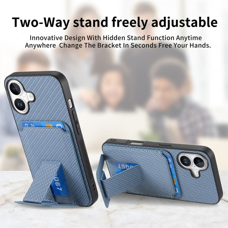 For iPhone 16 Plus Carbon Fiber Card Bag Fold Stand Phone Case(Blue) - iPhone 16 Plus Cases by buy2fix | Online Shopping UK | buy2fix