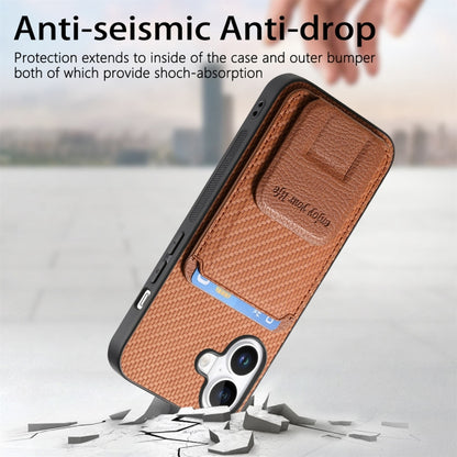 For iPhone 16 Plus Carbon Fiber Card Bag Fold Stand Phone Case(Brown) - iPhone 16 Plus Cases by buy2fix | Online Shopping UK | buy2fix