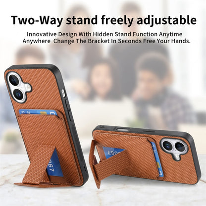 For iPhone 16 Plus Carbon Fiber Card Bag Fold Stand Phone Case(Brown) - iPhone 16 Plus Cases by buy2fix | Online Shopping UK | buy2fix