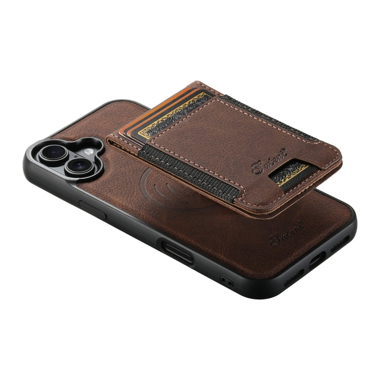 For iPhone 16 Suteni H17 Litchi Texture Leather MagSafe Detachable Wallet Phone Case(Brown) - iPhone 16 Cases by Suteni | Online Shopping UK | buy2fix