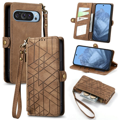 For Google Pixel 9 Geometric Zipper Wallet Side Buckle Leather Phone Case(Brown) - Google Cases by buy2fix | Online Shopping UK | buy2fix