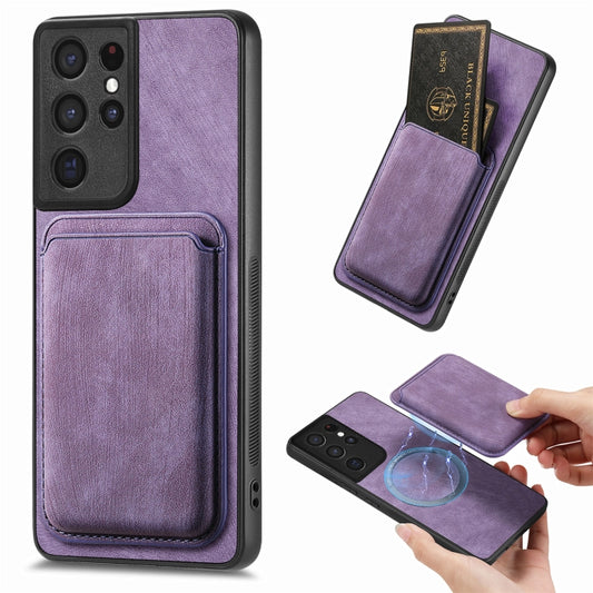 For Samsung Galaxy S21 Ultra 5G Retro Leather Card Bag Magnetic Phone Case(Purple) - Galaxy S21 Ultra 5G Cases by buy2fix | Online Shopping UK | buy2fix
