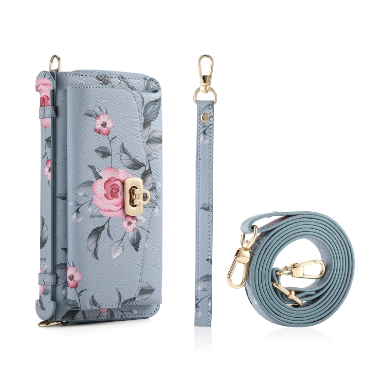 For iPhone 14 Plus MagSafe Flower Multi-functional Crossbody Zipper Wallet Leather Phone Case(Blue) - iPhone 14 Plus Cases by buy2fix | Online Shopping UK | buy2fix