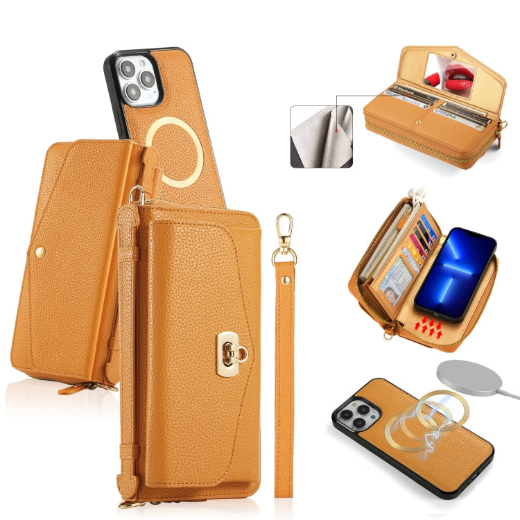 For iPhone 13 Pro Max MagSafe Crossbody Multi-functional Zipper Wallet Litchi Leather Phone Case(Orange) - More iPhone Cases by buy2fix | Online Shopping UK | buy2fix