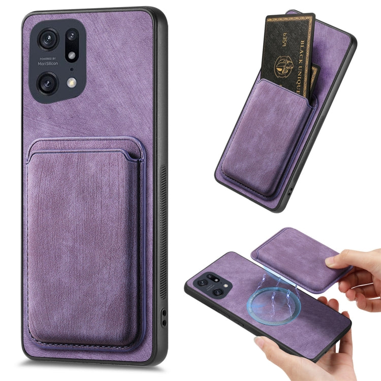 For OPPO Find X5 Pro Retro Leather Card Bag Magnetic Phone Case(Purple) - OPPO Cases by buy2fix | Online Shopping UK | buy2fix