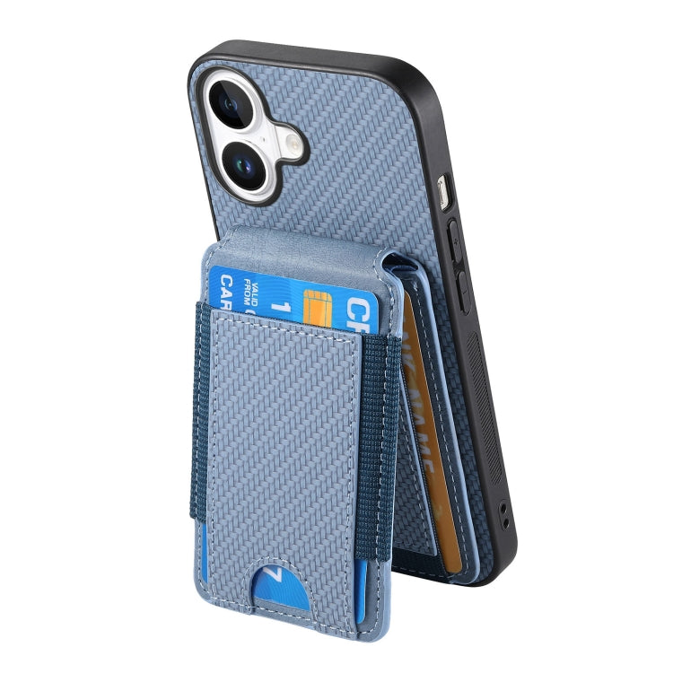 For iPhone 16 Carbon Fiber Vertical Flip Wallet Stand Phone Case(Blue) - iPhone 16 Cases by buy2fix | Online Shopping UK | buy2fix