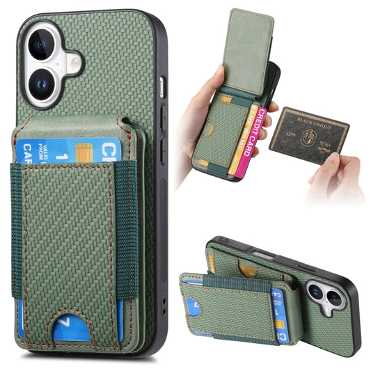 For iPhone 16 Plus Carbon Fiber Vertical Flip Wallet Stand Phone Case(Green) - iPhone 16 Plus Cases by buy2fix | Online Shopping UK | buy2fix