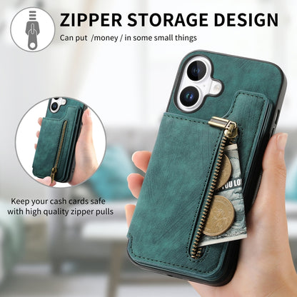 For iPhone 16 Plus Retro Leather Zipper Wallet Back Phone Case(Green) - More iPhone Cases by buy2fix | Online Shopping UK | buy2fix