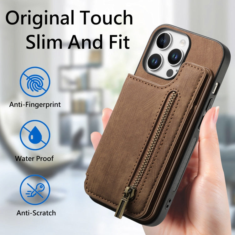 For iPhone 16 Pro Max Retro Leather Zipper Wallet Back Phone Case(Brown) - More iPhone Cases by buy2fix | Online Shopping UK | buy2fix