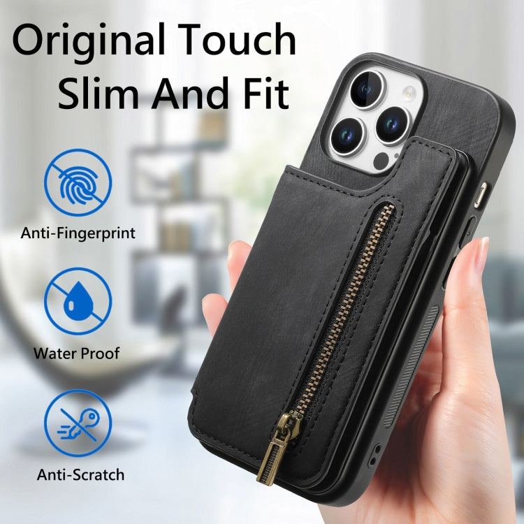 For iPhone 16 Pro Max Retro Leather Zipper Wallet Back Phone Case(Black) - More iPhone Cases by buy2fix | Online Shopping UK | buy2fix