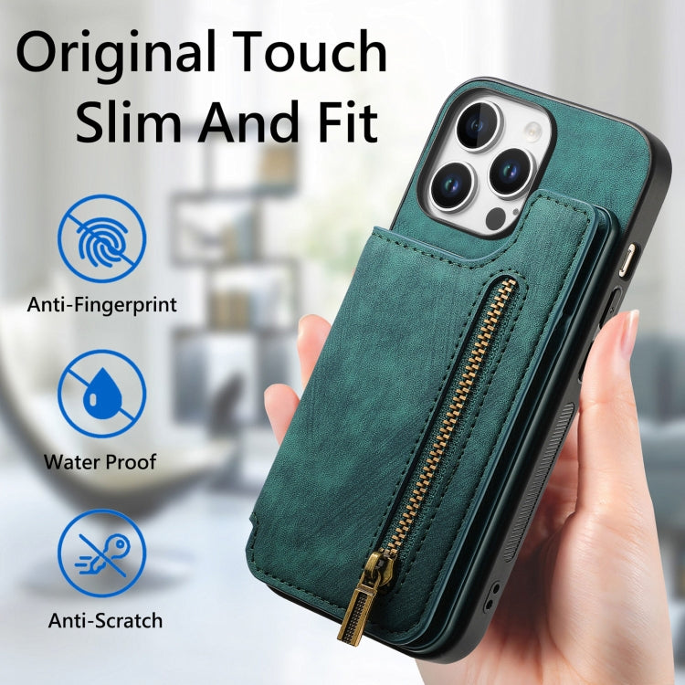 For iPhone 16 Pro Max Retro Leather Zipper Wallet Back Phone Case(Green) - More iPhone Cases by buy2fix | Online Shopping UK | buy2fix