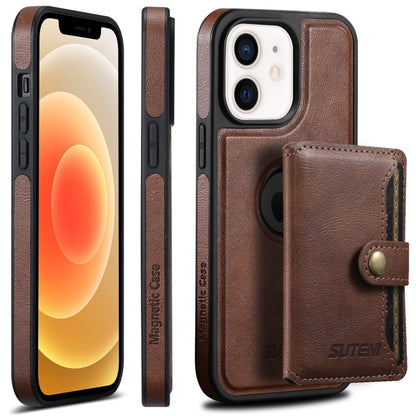 For iPhone 12  Suteni M1 Oil Wax MagSafe Detachable Horizontal Card Bag Phone Case(Brown) - iPhone 12 / 12 Pro Cases by Suteni | Online Shopping UK | buy2fix