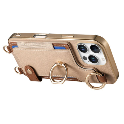 For iPhone 16 Pro Fashion Ring Card Bag Phone Case with Hang Loop(Khaki) - iPhone 16 Pro Cases by buy2fix | Online Shopping UK | buy2fix