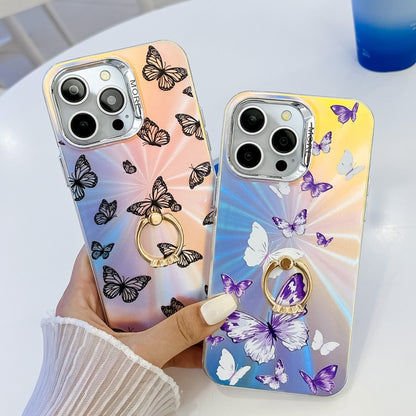 For iPhone 16 Pro Max Electroplating Laser Butterfly Ring Holder Phone Case(Blue Butterflies AB4) - iPhone 16 Pro Max Cases by buy2fix | Online Shopping UK | buy2fix