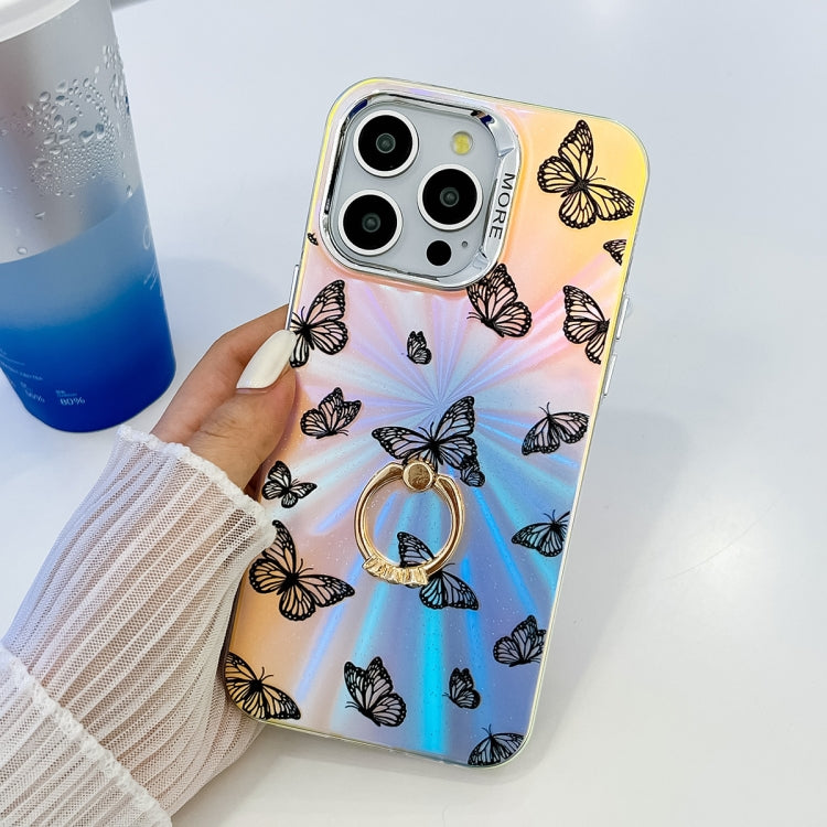 For iPhone 16 Pro Max Electroplating Laser Butterfly Ring Holder Phone Case(White Purple Butterflies AB6) - iPhone 16 Pro Max Cases by buy2fix | Online Shopping UK | buy2fix