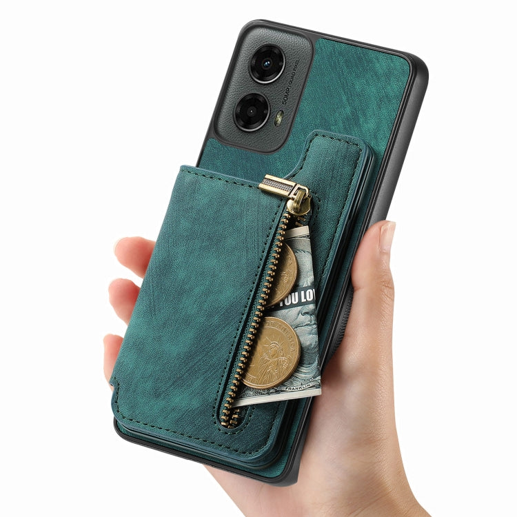 For Motorola Moto G 2024 Retro Leather Zipper Wallet Back Phone Case(Green) - Motorola Cases by buy2fix | Online Shopping UK | buy2fix