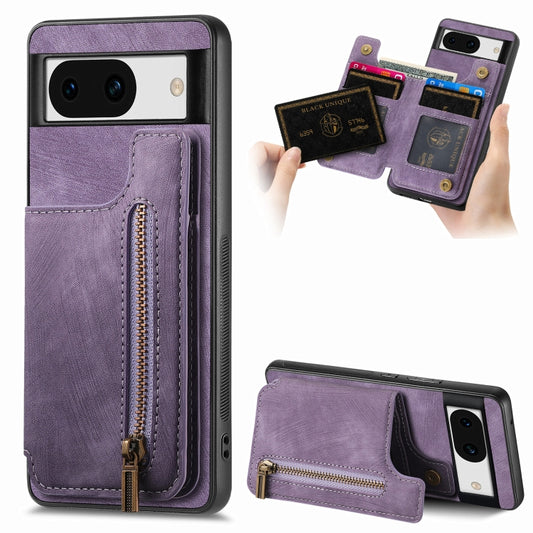 For Google Pixel 9 Pro XL Retro Leather Zipper Wallet Back Phone Case(Purple) - Google Cases by buy2fix | Online Shopping UK | buy2fix