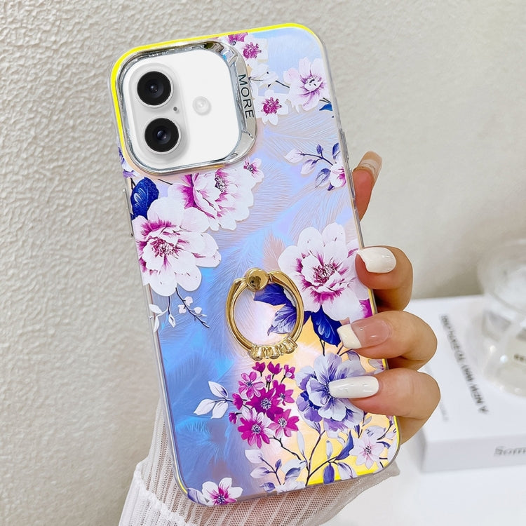 For iPhone 16 Plus Electroplating Laser Flower Ring Holder TPU Phone Case(Peony AH11) - iPhone 16 Plus Cases by buy2fix | Online Shopping UK | buy2fix