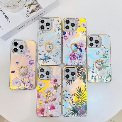 For iPhone 16 Pro Electroplating Laser Flower Ring Holder TPU Phone Case(Pink Flower AH13) - iPhone 16 Pro Cases by buy2fix | Online Shopping UK | buy2fix